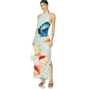 Muma World Murex Mist Vega Silk Dress L Sea Print Halter Maxi